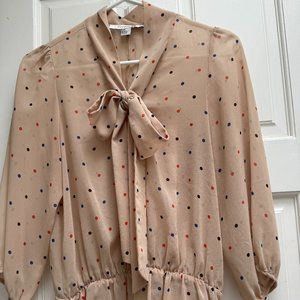 Tan Polka Dot Peplum Blouse with Bow